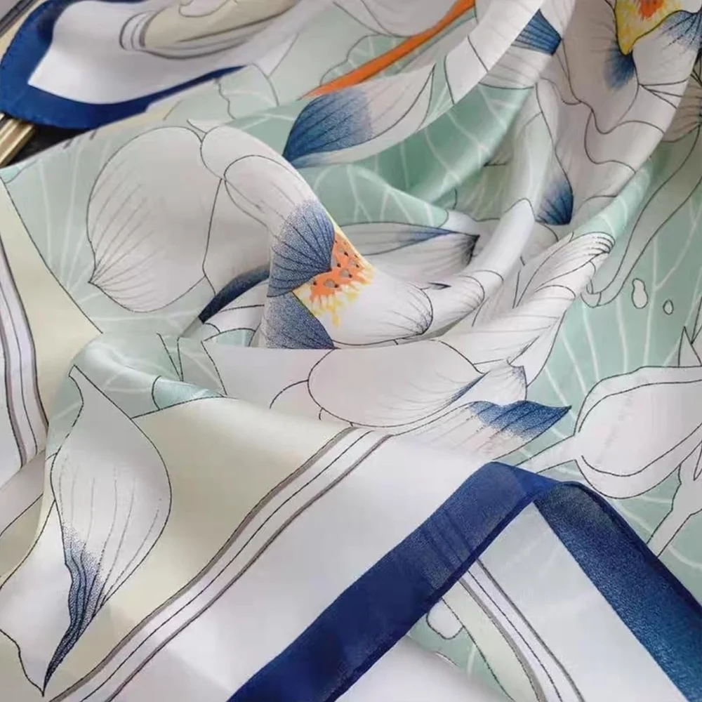 NWT Elegant Lotus Flower Satin Square Scarf - Blue & White 27